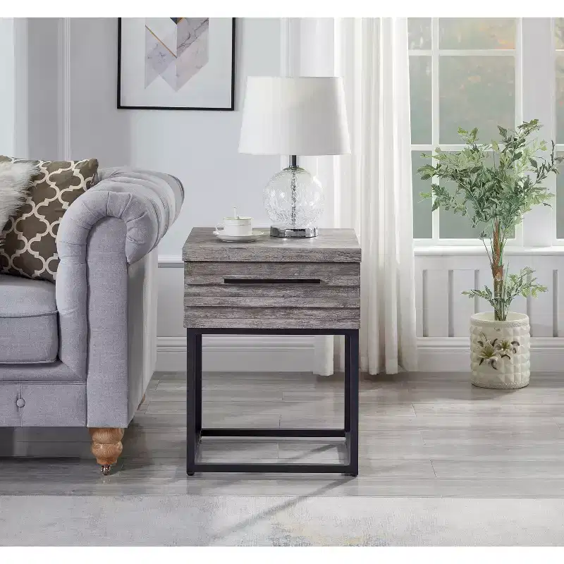 Contemporary Storage End Table with Drawer, Metal Base, Gray