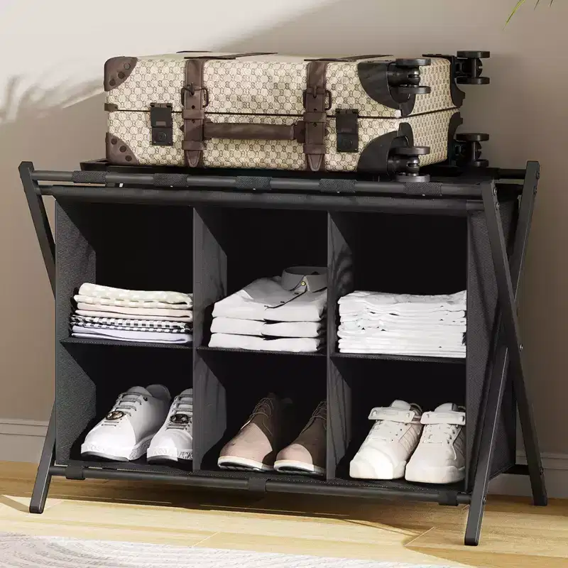 Folding Luggage Rack with 6-Cube Fabric Storage Shelf for Guest Room