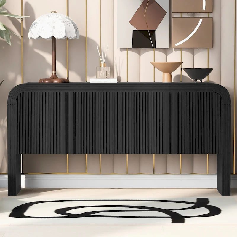 Arched Storage Cabinet Sideboard with 4 Stripes Doors and Adjustable Shelves, Modern Entryway Cabinets with Pine Leg