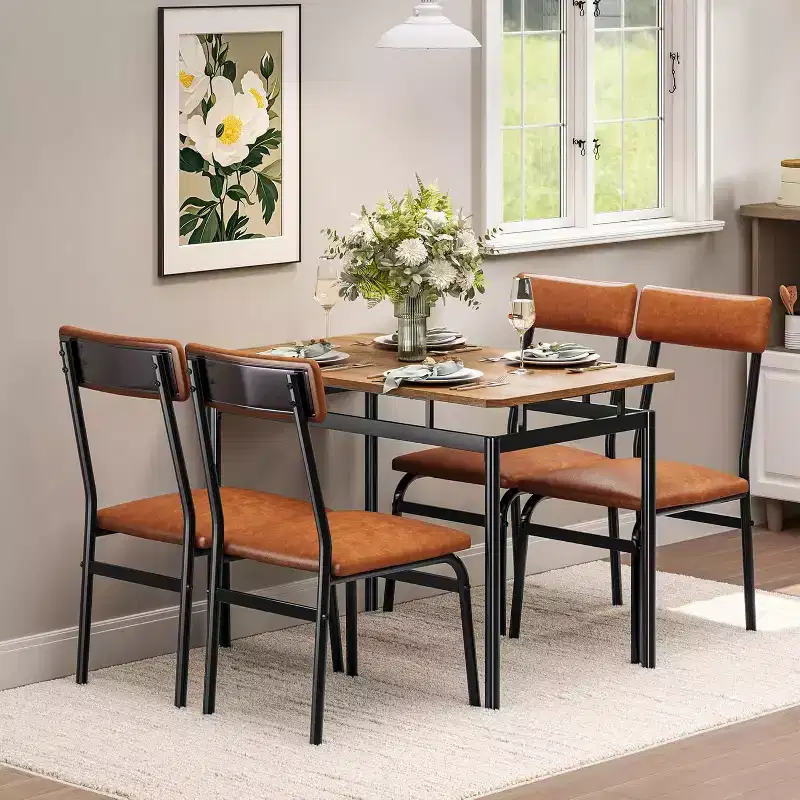 5-Piece Industrial Dining Set for 4, Brown Table and Chairs with Leatherette Upholstery, Space Saving Design for Small Spaces, Easy Clean Surface