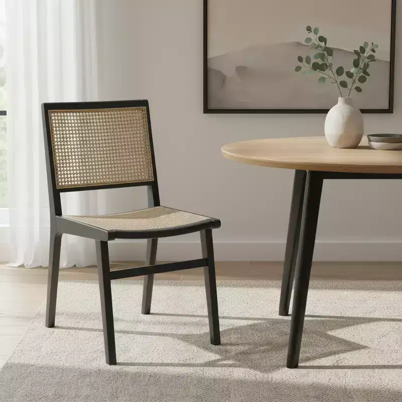 HomeRoots Natural and Black Solid Wood and Cane Partially Open Back Dining Side Chair