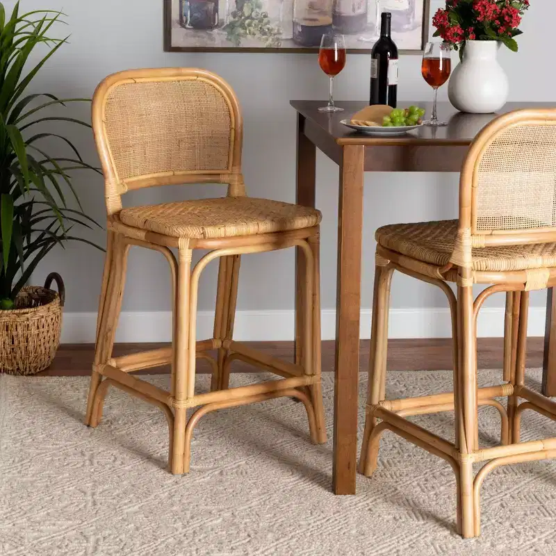 Rattan Counter Height Barstool Natural Brown – Fixed Height, No Assembly