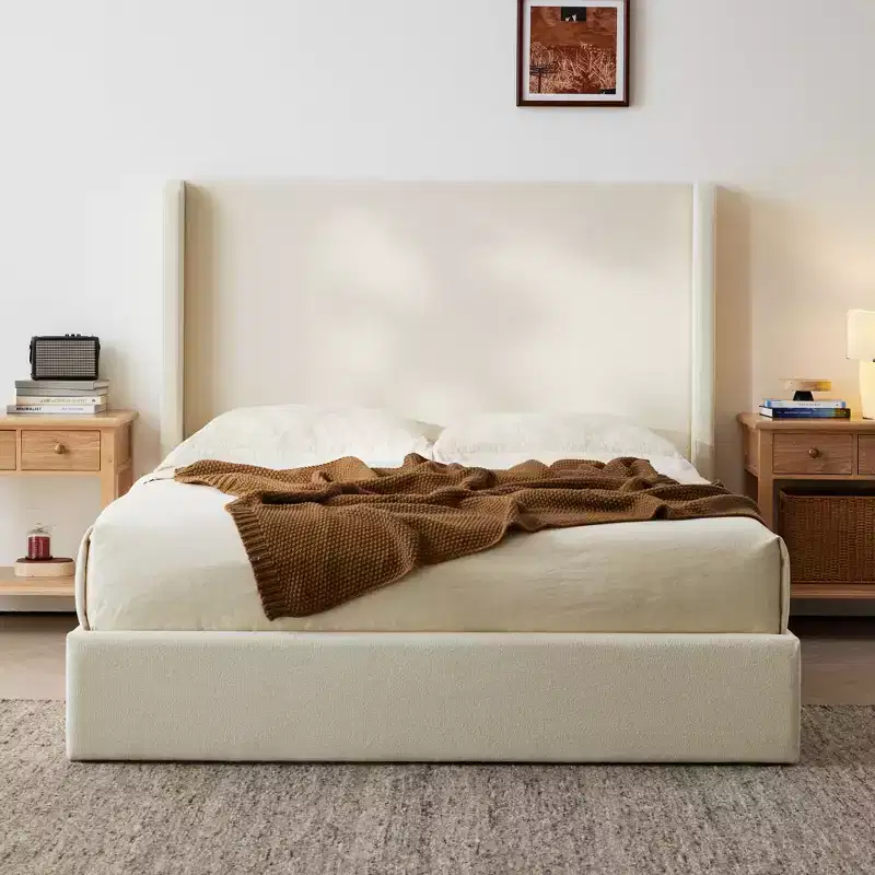 Modern Boucle Upholstered Floor Bed with Wingback