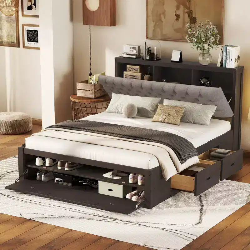 Whisen Wood Queen Size Platform Bed with Storage Headboard, Shoe Rack and 4 Drawers