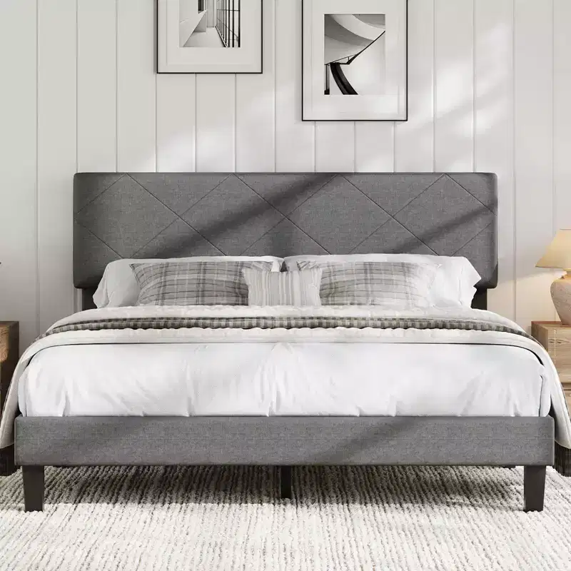 Bed Frame with Upholstered Headboard, Wooden Slats Support, Easy Assembly Mattress Foundation, No Box Spring Needed & Noise Free, Dark Grey