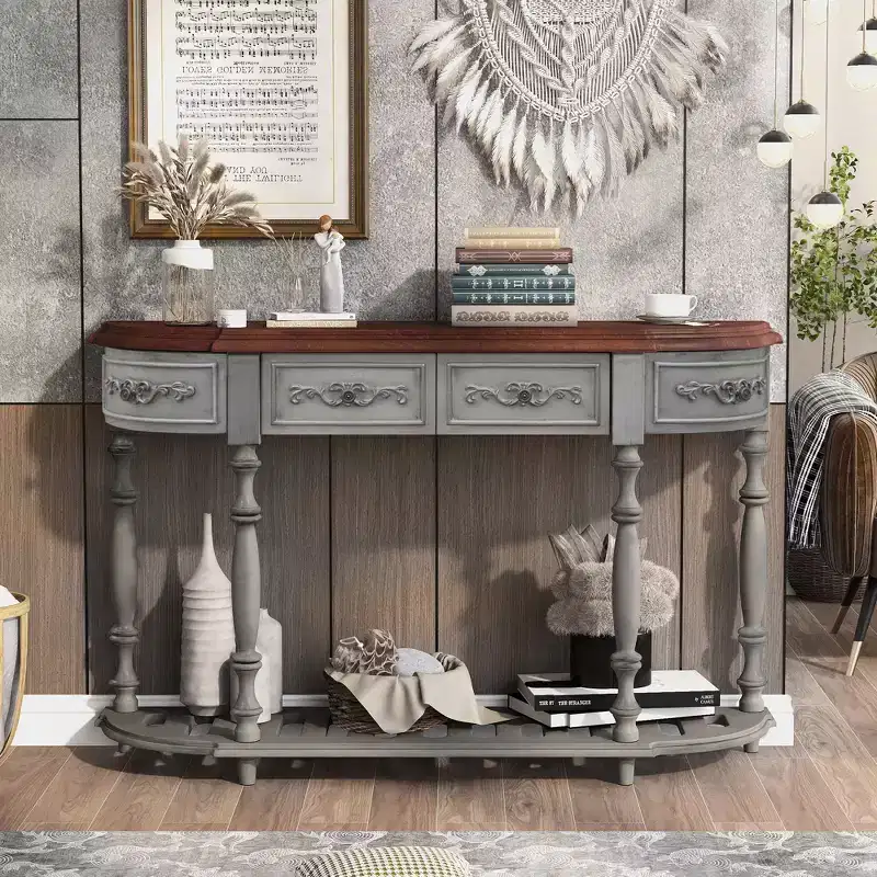 52IN Vintage Curved Console Table with Exquisite Carvings, Entryway Table with 4 Drawers and 1 Shelf, Accent Table for Living Room, Gray