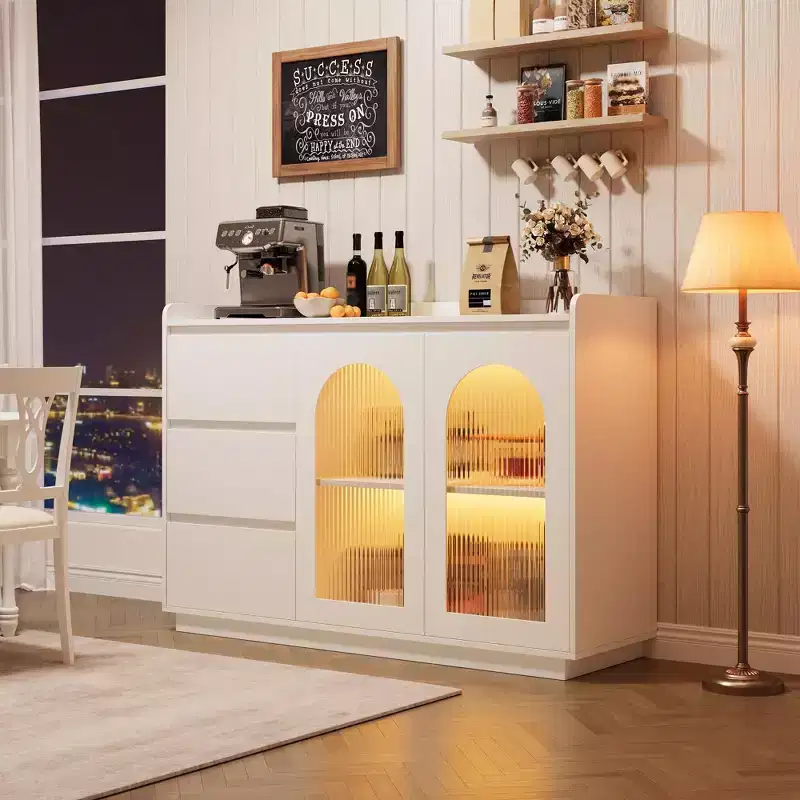 48 inch Buffet Cabinet, Modern Storage Cabinet with 3 Drawers, Illuminated Sideboard with Glass Doors, Coffee Bar for Kitchen, Dining