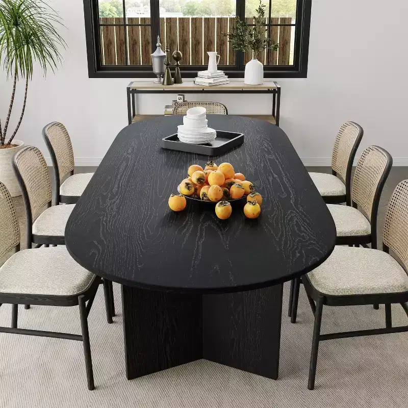 79 Farmhouse Large Oval Black Dining Table for 6-8 People with V-Shaped Legs for Dining Room and Living Room