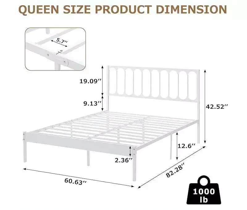 Queen Size White Metal Bed Frame with Wave Headboard, Platform Bed with 2 Storage Drawers and Underbed Space, No Box Spring Needed Easy Assembly