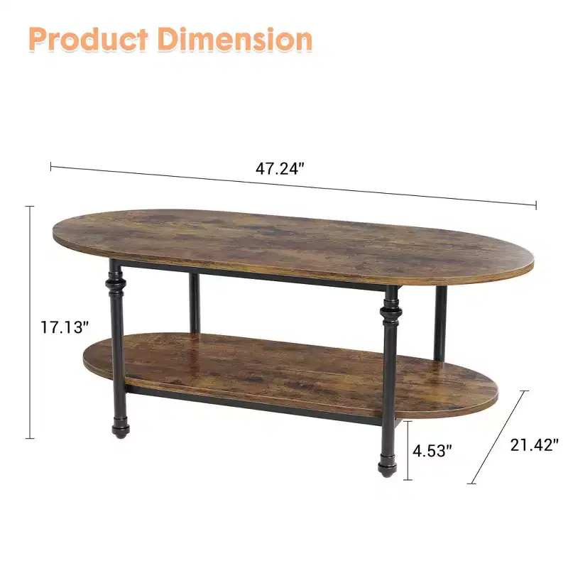 Industrial Coffee Table, 47.2 Inch Oval 2-Tier Center Table with Metal Frame & Open Storage, Modern Farmhouse Design for Living Room