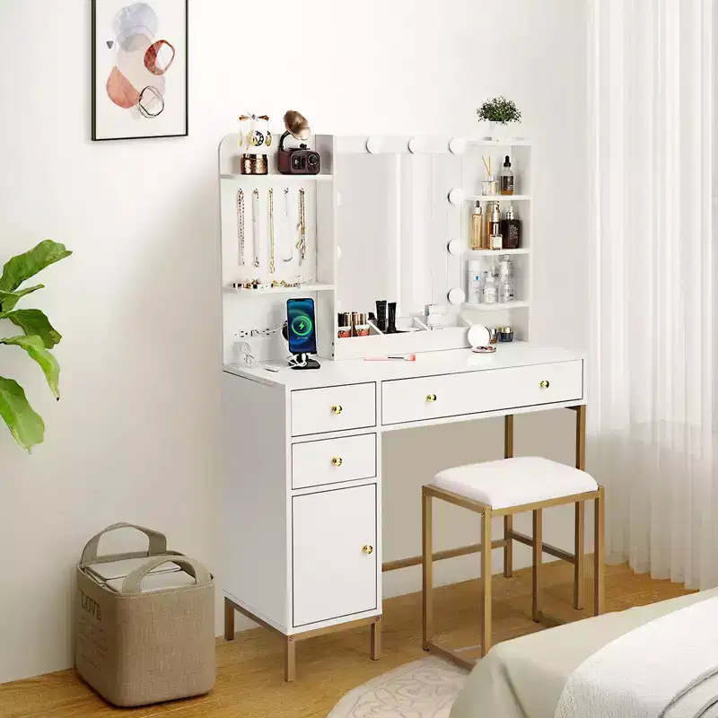 TROPOW Makeup Vanity Desk Set with Chair C Power Outlet, Adjustable Lighted Mirror, Storage Drawers & Shelves, 3 Lighting Modes for Bedroom ,White