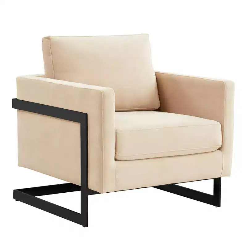 LeisureMod Lincoln Velvet Accent Arm Chair, Black Steel Frame