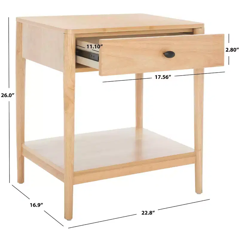 1-Drawer Rubberwood Nightstand with Open Shelf, Whitewash Finish, No Assembly