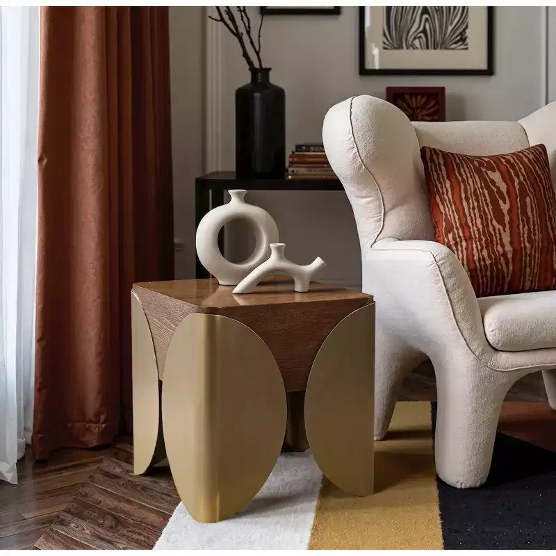 Brown Oak Wood and Iron End Table, Art Deco Square Design