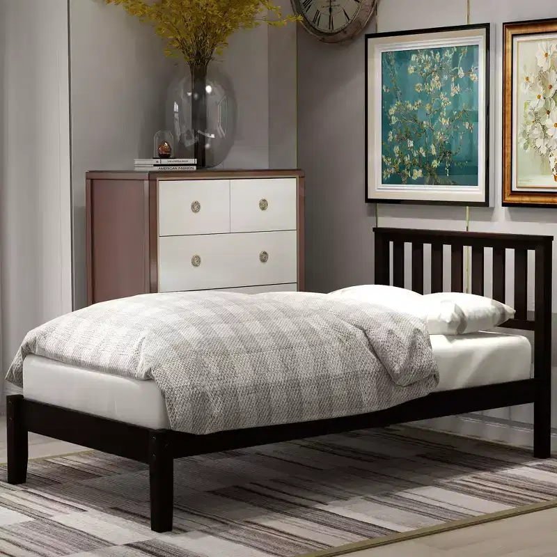 Whisen Minimalistic Twin Size Wood Platform Bed with Headboard/Wood Slat Support