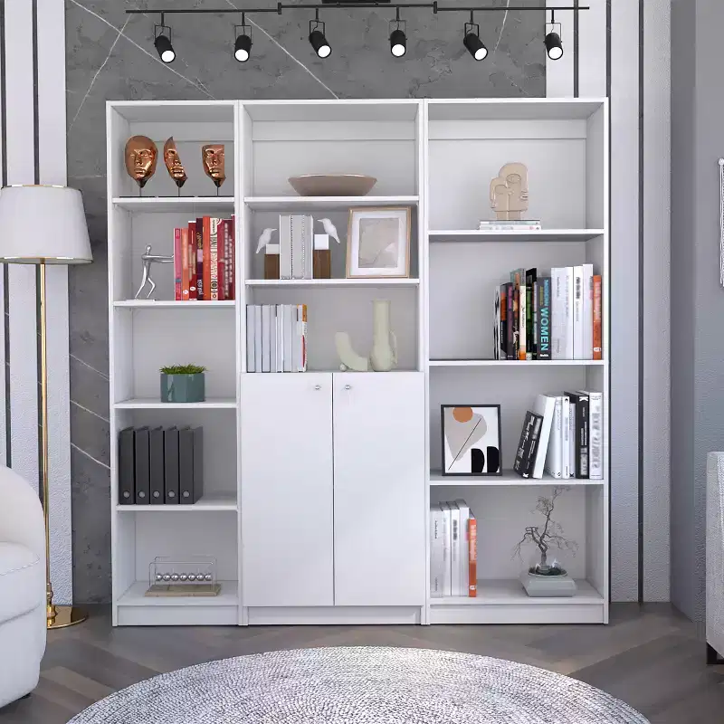 Minimalism Bookshelf, Three-piece Display Case with Open Shelves and 2 Doors, Storage Organizer for Living Room, Office, White