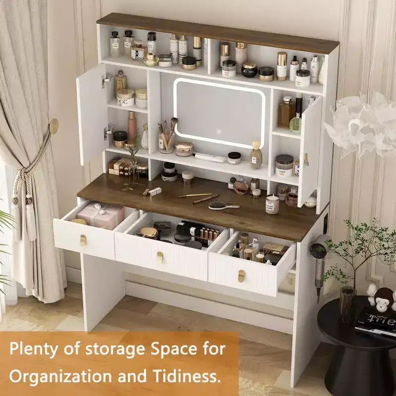 Dressing Table with Lighted Mirror, 43 Inch Wide Makeup Vanity Set with 3 Drawers & Hair Dryer Holder