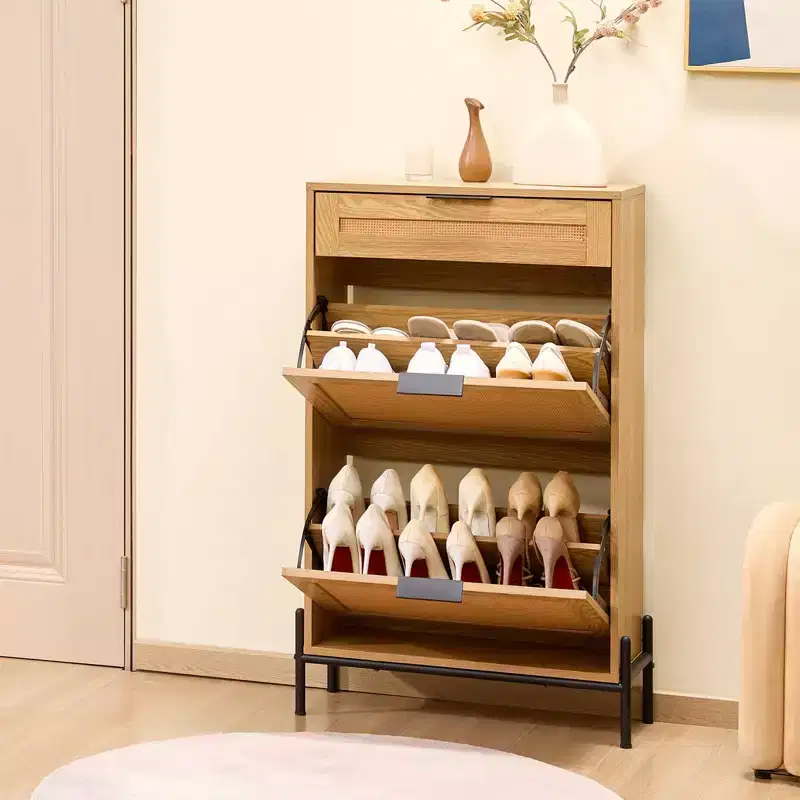 Rattan Shoe Cabinet Narrow Entryway Storage Organizer with 2 Flip Drawers Slide Drawer Metal Legs Boho Style Holds 12 Pairs of Shoes