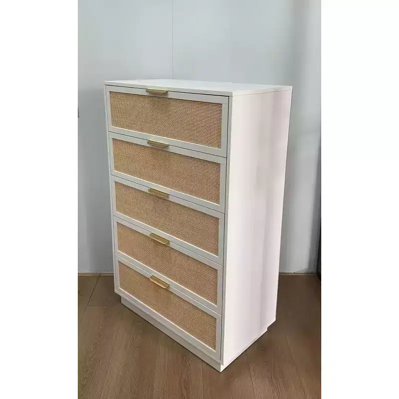 Antique White Rattan 5-Drawer Dresser, 46.7 Tall Chest with Metal Handles for Bedroom, Living Room, or Nursery Storage