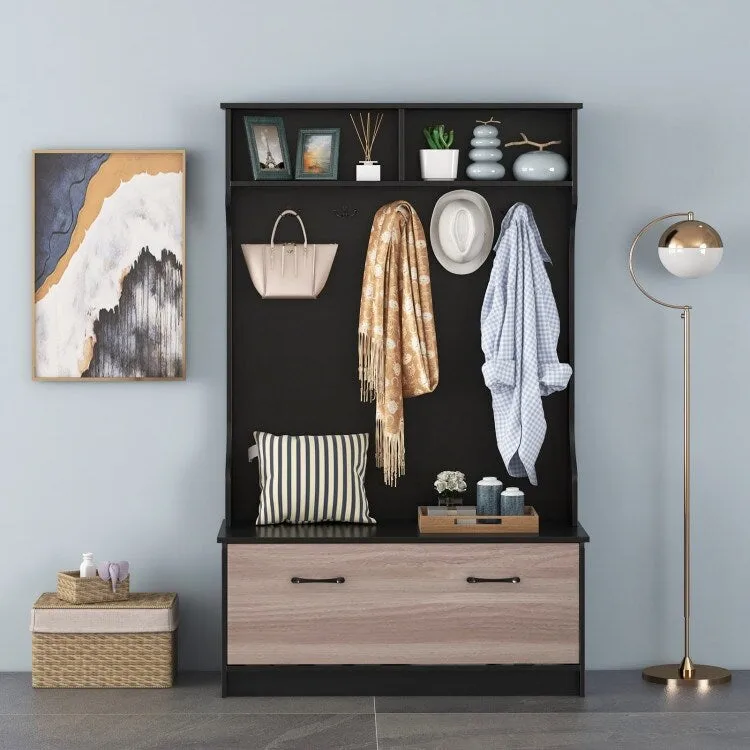 3 in 1 Coat Rack with Entryway Bench and Hooks and Enclosed Cabinet - 39.5 x 16 x 63