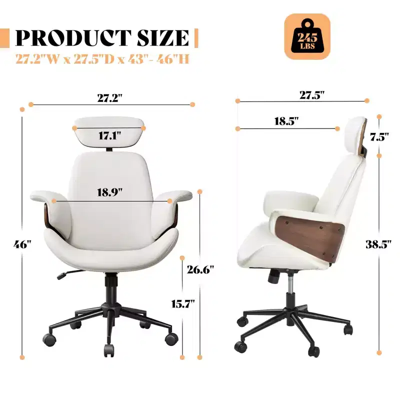 Office Chair with Wheels, PU Leather Swivel Desk Chair, Bentwood Arms, Height Adjustable