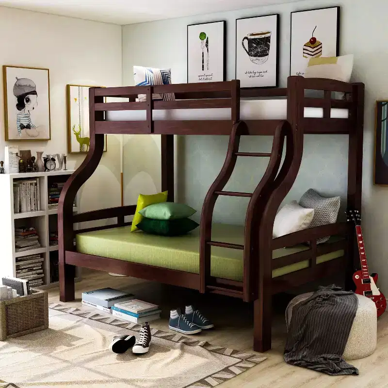 Twin/Full Kids Bunk Bed, Dark Walnut, Solid Wood Frame with Built-In Ladder & Guard Rails, Transitional Style