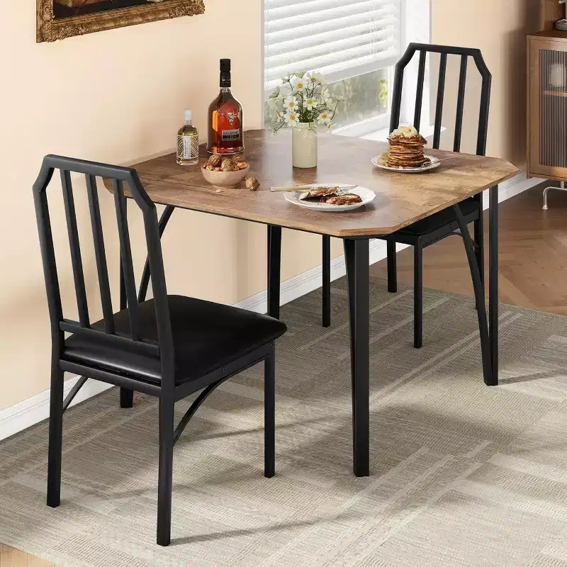 Dining Table Set for 2 with Space Saving Design, Glass Tabletop, Upholstered Seat, and Chamfer Design,Suitable