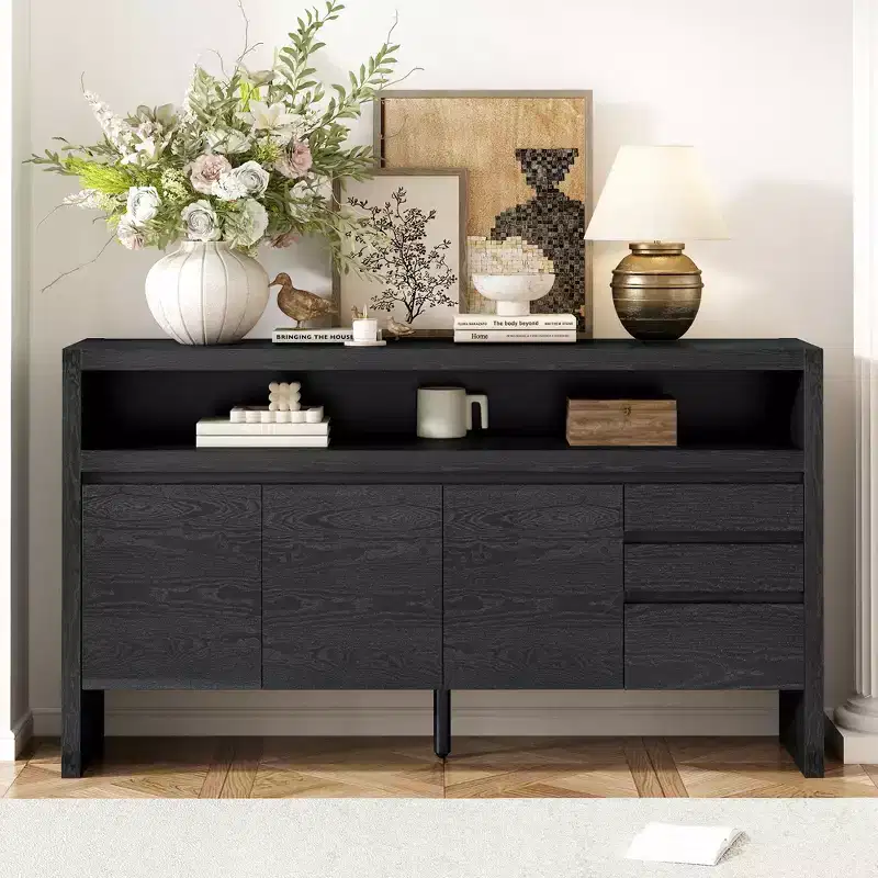 Multi-Functional 60 Large Storage Cabinet Sideboard with 3 Doors, Semi-Open Shelf and 3 Drawers, Wood Accent Entryway Console Table TV Stand