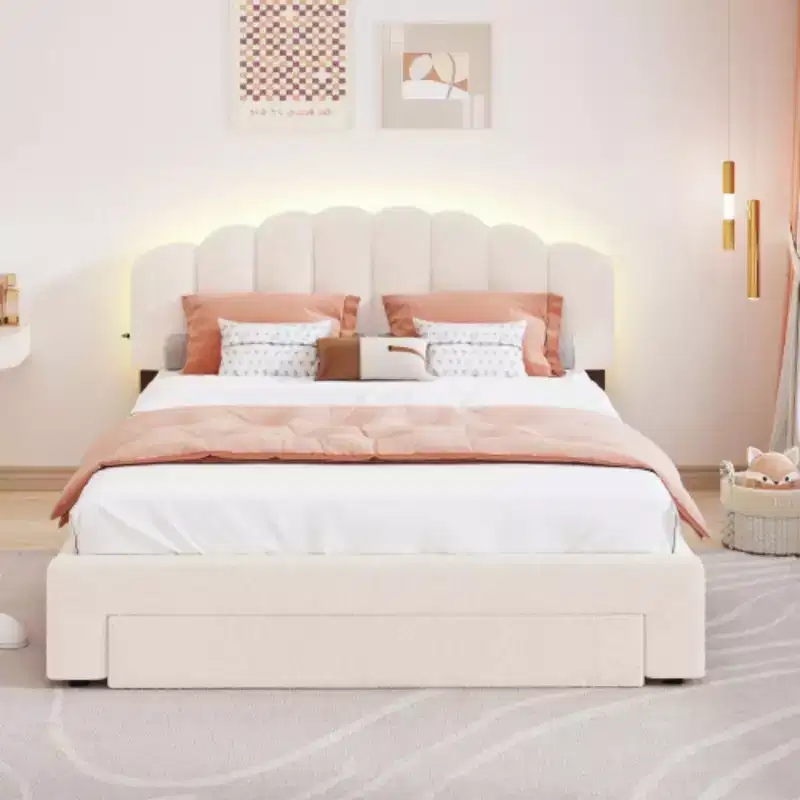 Beige Teddy Fleece Queen Size Upholstered Platform Bed with Drawer
