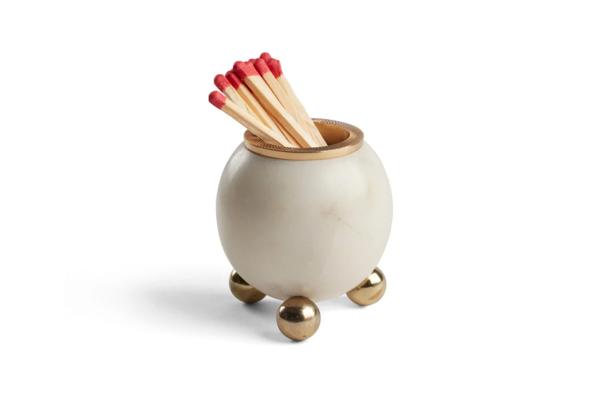 Luxe Marble Match Holder with Brass Ball Feet & Rimmed Edge for Living Room & Dining Room