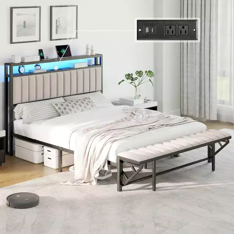 LED Bed Frame with Foldable Ottoman and Charging Station