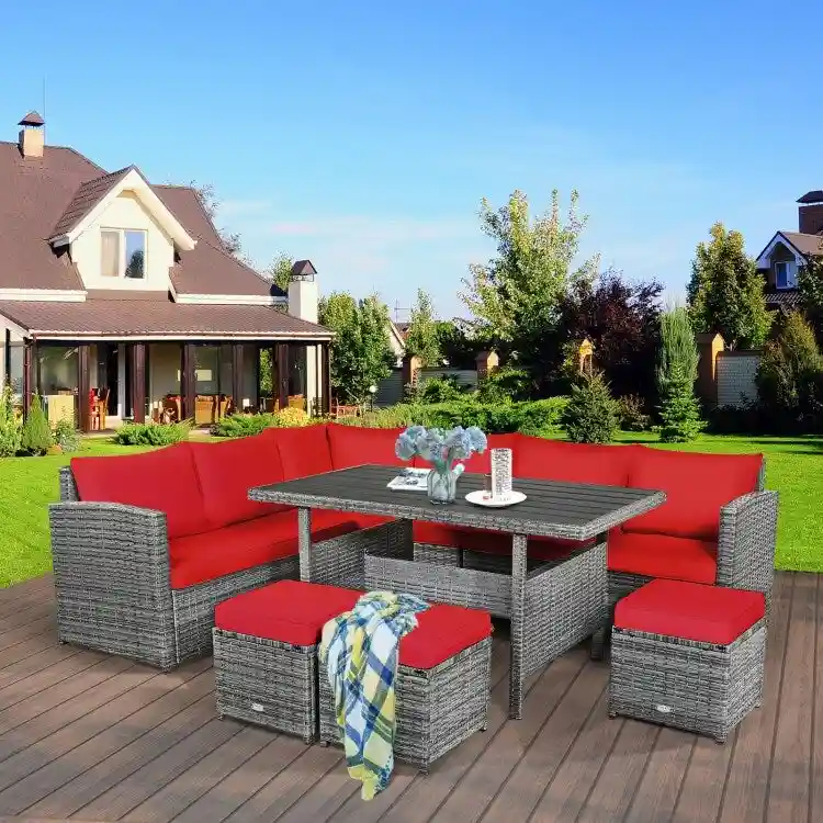 7 Pcs All-Weather Patio Rattan Dining Furniture Sectional Sofa Set with Wicker Ottoman and Cushed Couch