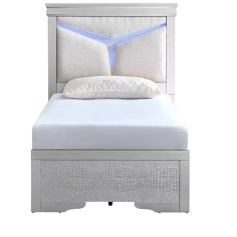Silver Champagne Upholstered Twin Panel Bed with LED Headboard, Seats 1