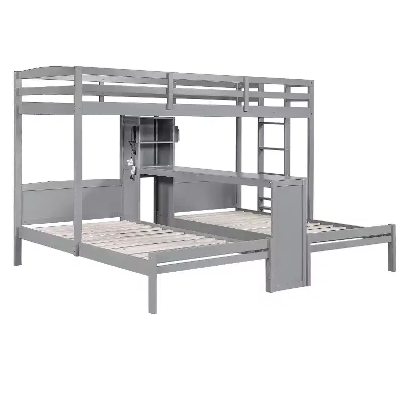 Luxystar Twin over Twin and Twin Bunk Bed with Built-in Desk, Bookcase and Lights
