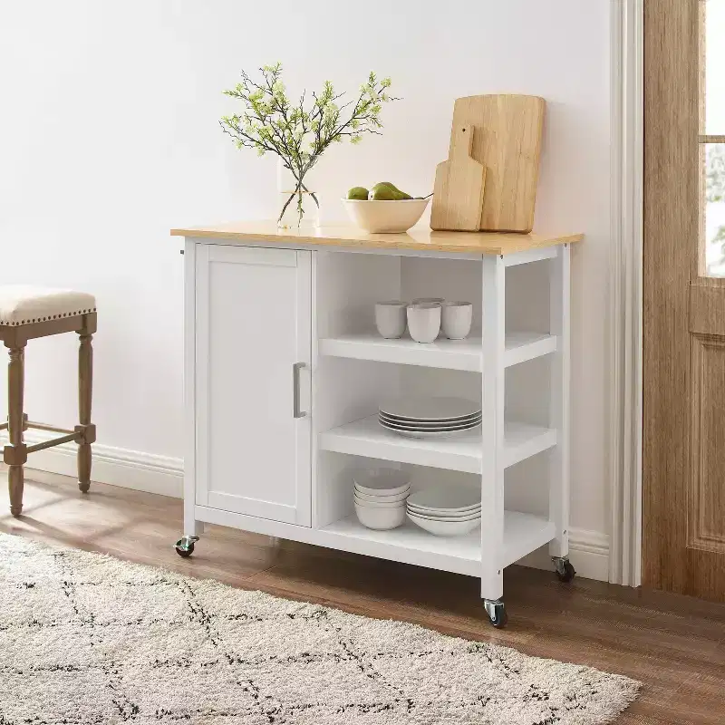 Tristan Open Kitchen Island Cart White/Natural - Crosley: Adjustable Shelves, Towel Bar, Mobile Design