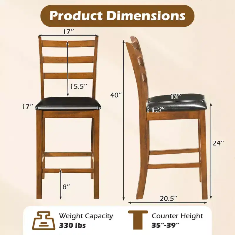 Costway 24 Rubber Wood Ladder Back Bar Stools Set of 2/4 with Upholstered Cushioned Seats Walnut and Black