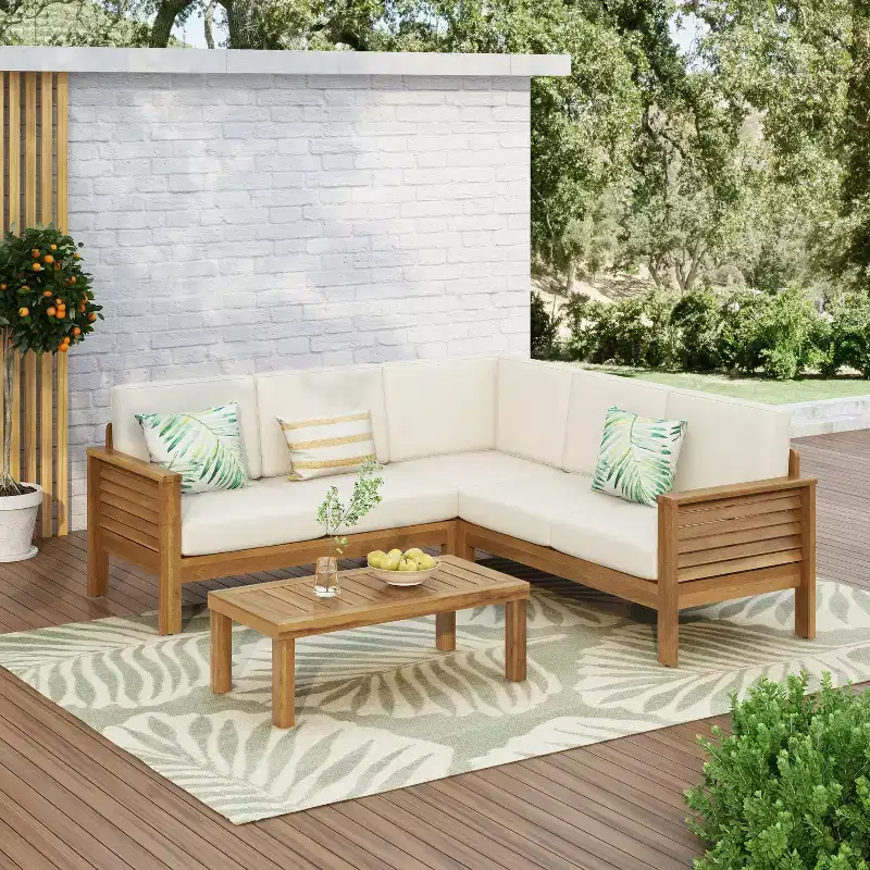 Christopher Knight Home Percy 4 Piece Patio Acacia Wood L Shape Upholstered Sectional Sofa Set with Coffee Table