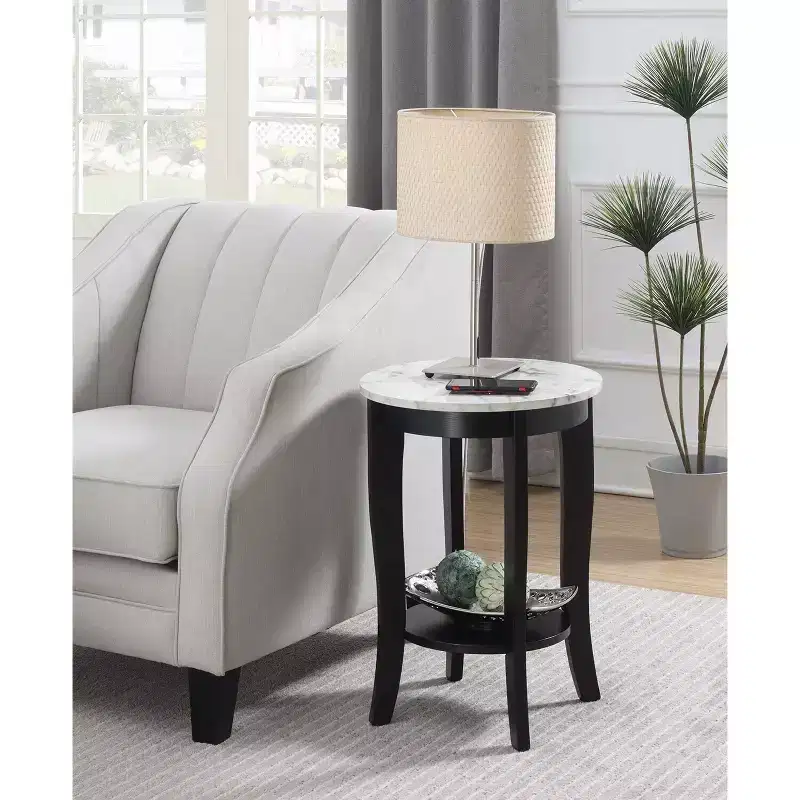 HomeStock Belmont End Table with Drawer and Slide Out Shelf, Sleek Faux Marble Top with Black Finish, Stylish Storage Table for Living Room
