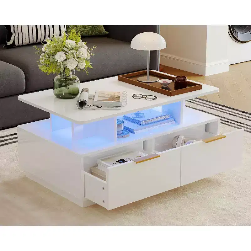 COZONY 35'' Modern Coffee Table with 4 Drawers and Open Shelf, High Gloss White Rectangle Center Table for Living Room