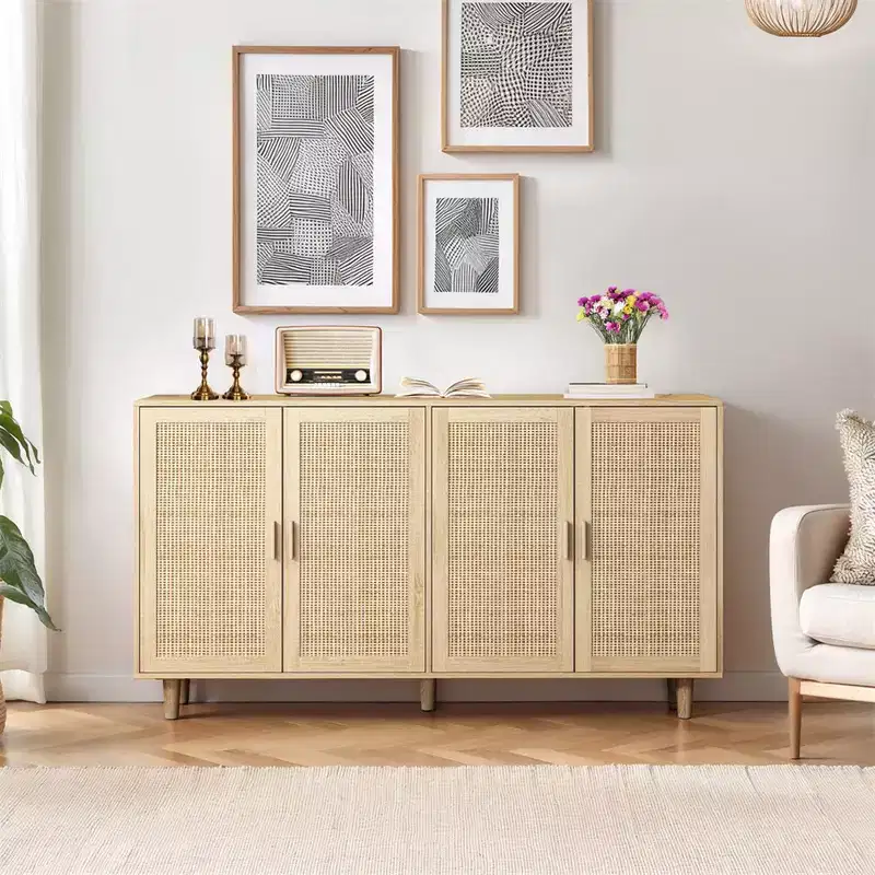 62.20Elegant and Functional 4-Door Rattan Decorative Storage Cabinet, Sideboard Buffet Cabinet, for Bedroom,Living Room,Office,Easy Assembly,Black