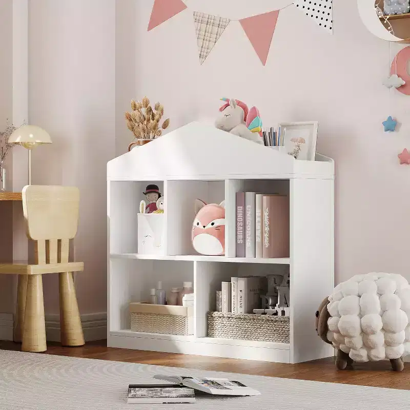 35-Inch Kids Bookshelf, 2-Tier White Wooden Toy Storage Organizer with 5-Cubby Bookcase & Modern Roof Design
