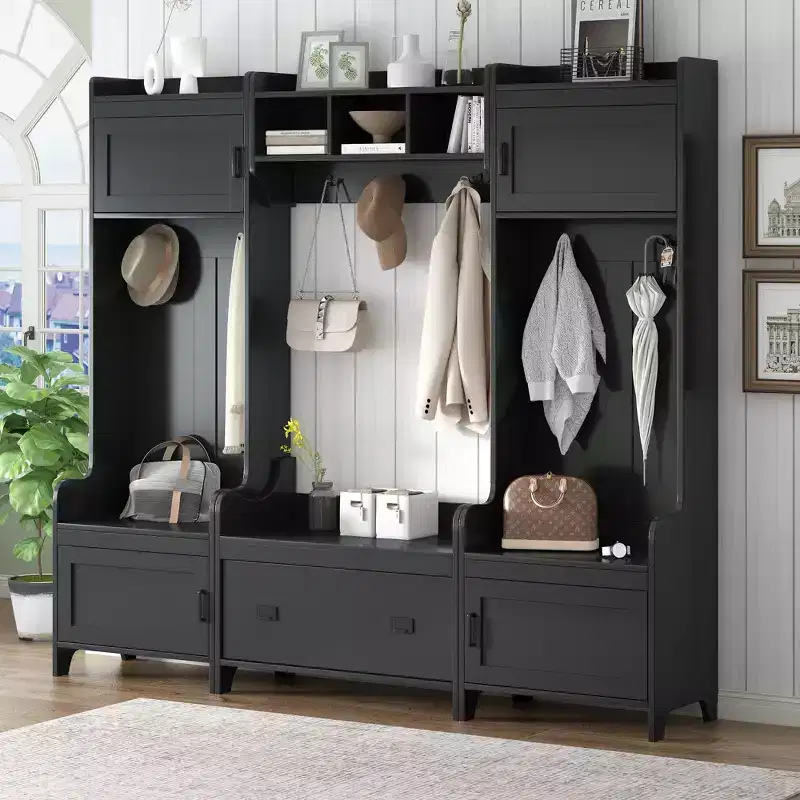 Modern Hall Tree with 7 Hooks, 4 Doors & Storage Bench – Wood, 78.7x15x72 in