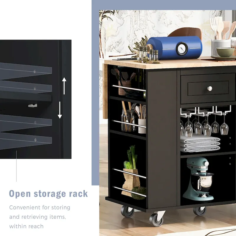 Adjustable Shelves Kitchen Island with Power Outlet and Drop Leaf