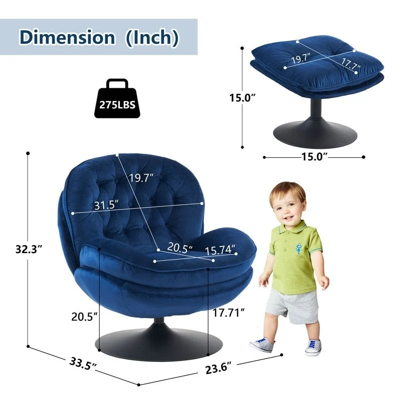Velvet Swivel Accent Chair with Ottoman Round Reading Accent Chair Foot Stool Ottoman Set,360 Swivel,Metal Frame