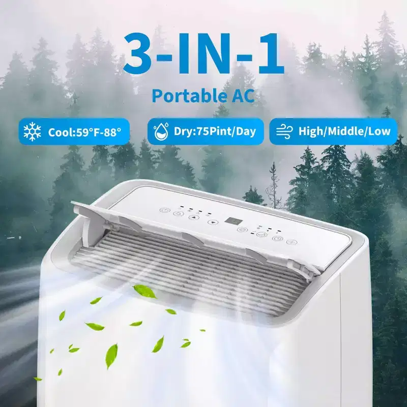 14,000 BTU Portable AC Unit Multi-Functional Cooling Dehumidifier Fan Automatic Dehumidification LED Touch Panel Remote Window Vent Kit