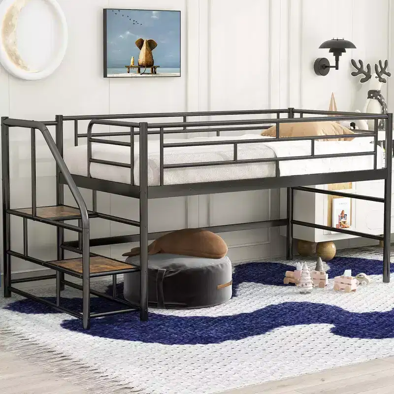 Twin Size Mid Loft Bed with Storage Stairs, Metal Loft Bed Frame with Safety Guardrail for Kids Teen Girls Boys Bedroom