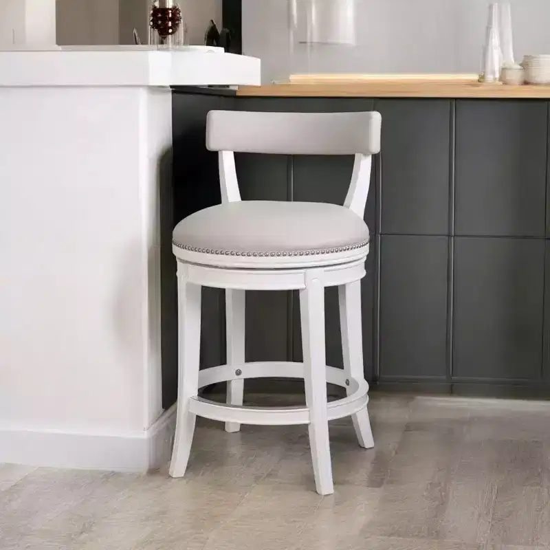 HomeRoots Gray and White Faux Leather and Solid Wood Low Back Counter Height Swivel Bar Chair