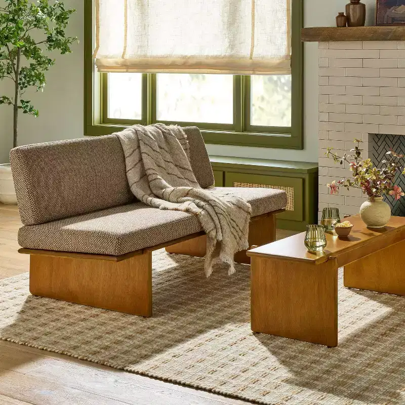 Mushroom Weave Upholstered Mid-Century Bench with Back