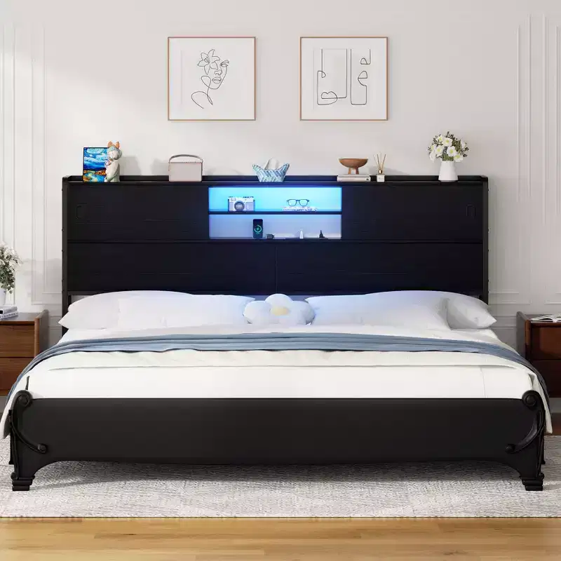 Storage Headboard with Sliding Doors and Charging Station