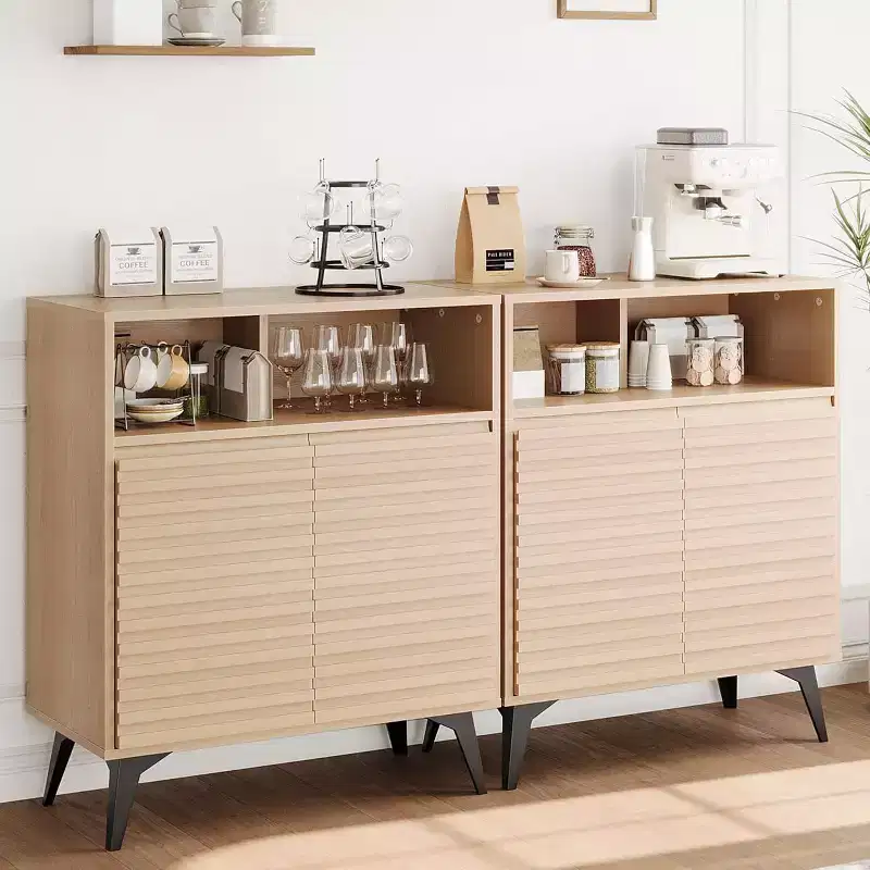 42 Fluted Sideboard Buffet Cabinet, Mid-Century Storage with Open Shelves & Doors, Black Metal Legs